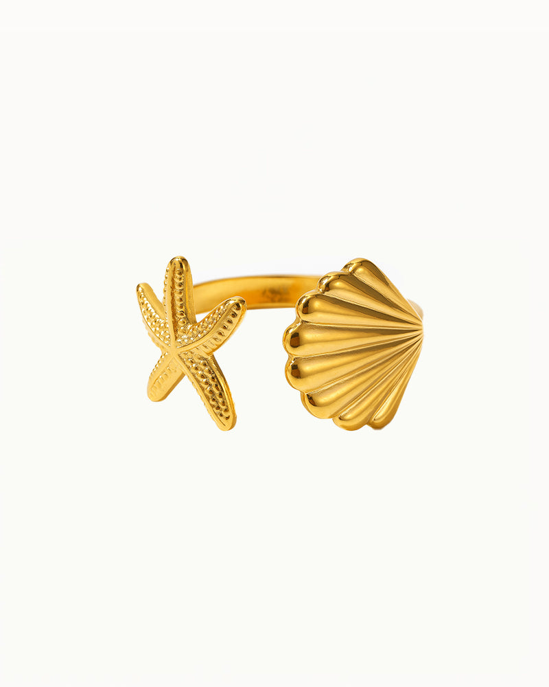 Gold-colored Ring with Starfish and Shell - Adjustable - Priscilla - R52