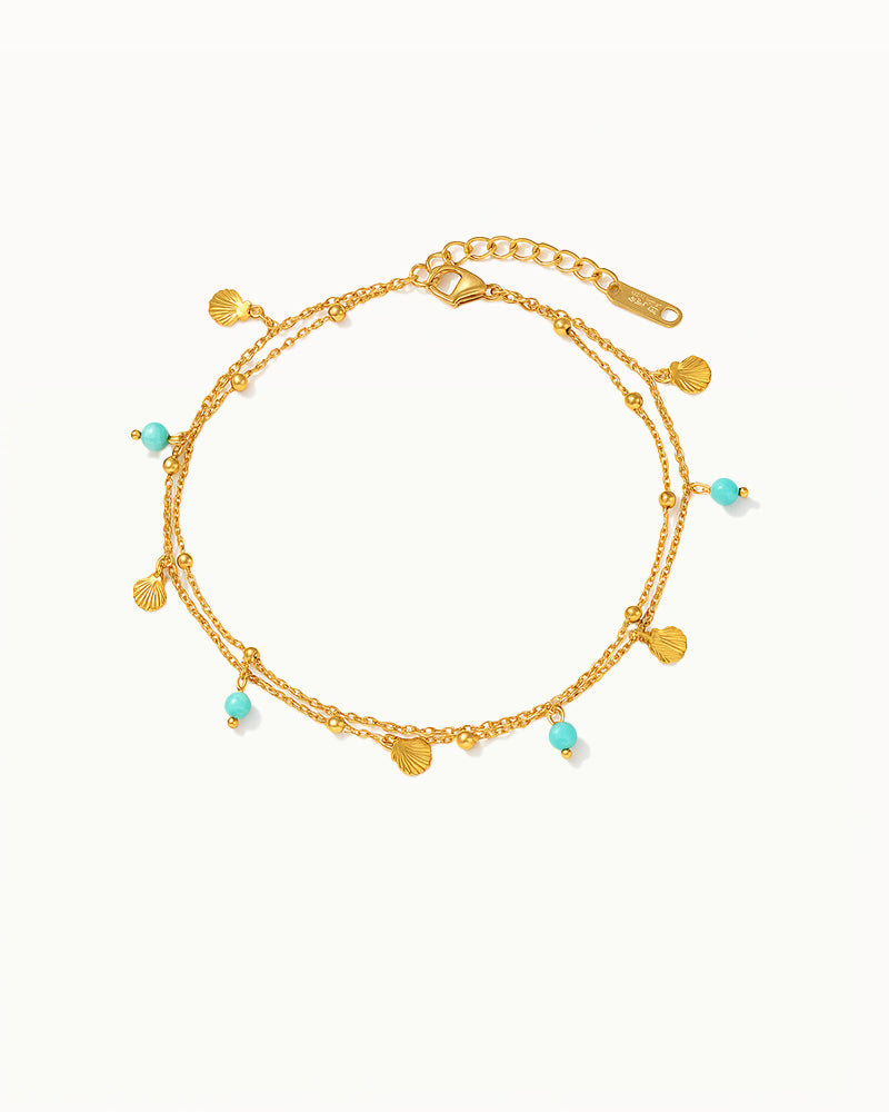 Gold Anklet with Turquoise Beads and Shell Charms - Kendra