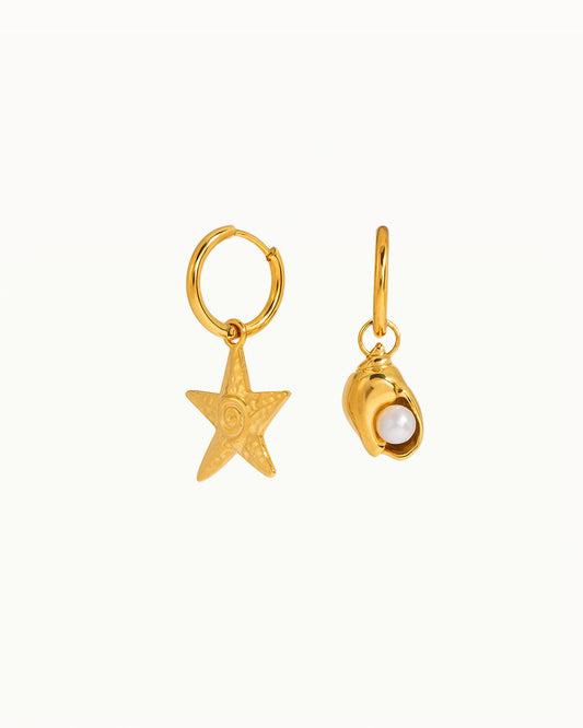 Boucles d'oreilles dorées avec étoile de mer & coquillage avec perle - Destinée